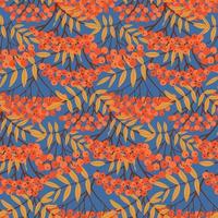 Rowan berry branches and leaves seamless pattern. Background with simple abstract hand drawn red berries. Floral flat vector illustration on blue background