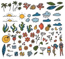 Summer set of design elements tropical leaves, flowers, fruits, palms, san with clouds. Vector color doodle hand drawn illustration.