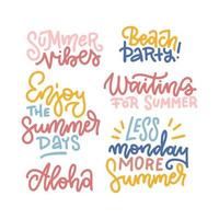 Summer hand drawn calligraphic text elements set. Vector collection of bright colored summer lettering. Beautiful summer quotes posters. Linear hand drawn vector Journal stickers