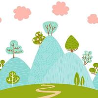 Seamless border pattern with mountain hilly landscape with foliar plants and trees. Scandinavian style. Environmental protection, ecology. Park, exterior space, outdoor. Vector flat illustration.