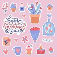 Set of color doodle stickers or patches for Valentine s day isolated on pink background. Many cute usilated elements - bouquet, bottle with hearts, mug and sweets. Flat vector illustration.