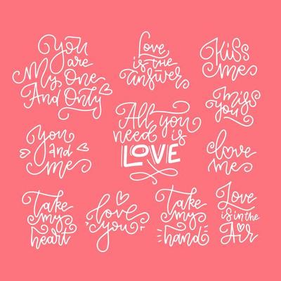 Set of decorative design elements representing Valentine s day related quotes and words. Hand written linear texts on red background for banners abd cards.