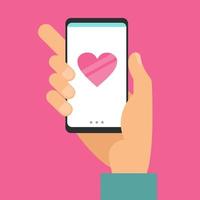 Smart phone in male hand with message big heart On the pink background. Valentine s Day card element. Sending love. Flat cartoon vector illustration