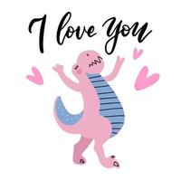 te amo - divertido dinosaurio de garabato dibujado a mano, dino de dibujos animados. bueno para el diseño gráfico textil de afiches o camisetas. ilustración de vector dibujado a mano para el día de san valentín