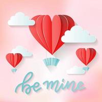 Be mine - love lettering quote. Valentine s day background, greeting card, sweet pink holiday invitation party with hot air heart shaped red balloons. Vector illustration