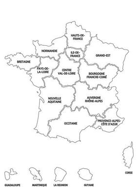 Black and white France Map with Regions