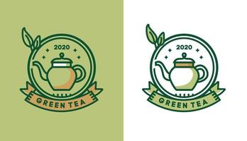 diseño de logotipo de té verde, tetera vintage tradicional minimalista para logotipos de café adecuados para negocios de alimentos y bebidas vector