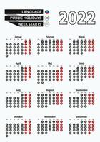 Vector template calendar 2022 with number in circles, simple Slovenian calendar for year 2022.