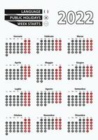 calendario de plantilla vectorial 2022 con número en círculos, calendario italiano simple para el año 2022. vector