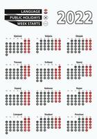 Vector template calendar 2022 with number in circles, simple Croatian calendar for year 2022.