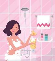 Brunette Woman washing body in shower with foamy sponge. Pink tile in bathroom interior. Flat cartoon vector illustration.