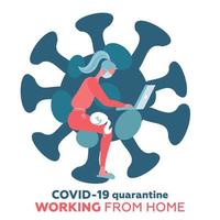 trabajar desde casa en el brote del virus covid-19, la empresa de distanciamiento social permite que los empleados trabajen en casa para prevenir la infección por virus, una mujer joven que trabaja con un gato de rodillas. impresión aislada de forma de coronavirus vector