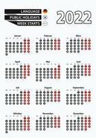 calendario de plantilla vectorial 2022 con número en círculos, calendario alemán simple para el año 2022. vector