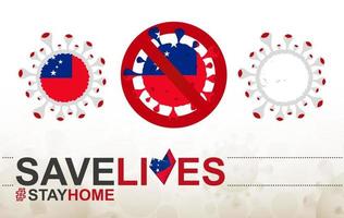 Coronavirus cell with Samoa flag and map. Stop COVID-19 sign, slogan save lives stay home with flag of Samoa vector