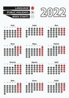 Vector template calendar 2022 with number in circles, simple Turkish calendar for year 2022.