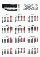 calendario de plantilla vectorial 2022 con número en círculos, calendario español simple para el año 2022. vector