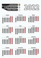 Vector template calendar 2022 with number in circles, simple Portuguese calendar for year 2022.