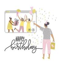 A girl staying at home, having a birthday online party during quarantine, meeting friends on video conference call chat. Girls congratulate a friend together. Remote party. Vector flat illustration.