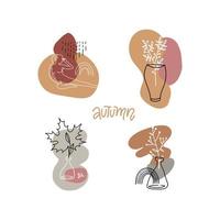 Set of abstract print concepts with autumn elements. Collage of various cut out paper shapes. Backgrounds for social media, stories with a linear silhouette of a girl, leaves ,glass vases, plants vector