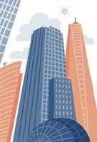 Cartoon modern city in flat hand drawn style. Urban cityscape with skyscrapers, urban property. Vector illustration vertical panorama, modern cityscape.