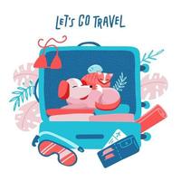 Travel suitcase with dog, cat and hamster. Travelling with animals concept. Minimalism design with holiday objects. Floral palm elements at background. Vector flat illustration. Let's go travel