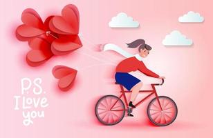 Young woman riding bicycle and holding red heart paper cut balloons. Love romantic card concept. Happy Valentine s Day wallpaper, poster. Vector illustration with lettering P.S. I love you