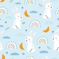 seamless rabbit pattern nursery with the sky and rainbow on blue background for print, wallpaper, textile, vector illustration