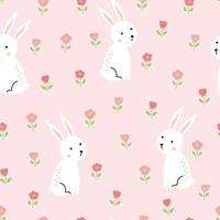 Nursery seamless rabbit pattern with flowers on pink background for print, wallpaper, textile vector illustration