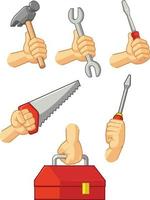 Hands Holding Hammer, Screwdriver, Wrench, Saw and Tool Box vector