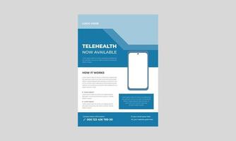 Telemedicine flyer template, Telehealth flyer design template, Remote healthcare services delivery. Flyer, booklet, leaflet print, cover design with linear icons. Vector