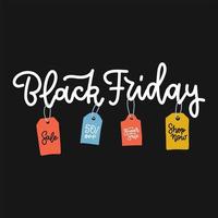 Black friday lettering for sale with colorful tags advertising on black background. Hand drawn flat vector illustration. Concept for ad banner.