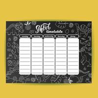 School timetable template on chalk board with hand drawn dino. Weekly lessons shedule in sketchy style decorated with doodles on blackbord.Education design hand drawn outline doodle color illustration vector