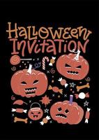 conjunto de invitación de fiesta de halloween con calabazas, dulces y texto de letras. ilustración vectorial dibujada a mano plana. concepto de diseño para banner, fondo de vacaciones. vector