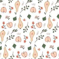 Seamless pattern with autumn fruits. Cut apples and pears. Hand drawn flat vector style. Design element for wrapping paper, wallpaper and fabric.