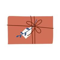 Gift box tied with a thread with a twig and tag Winter holiday, Christmas and New Year.Freehand isolated element. Vector flat hand drawn Illustration in doodle style. Only 5 colors - Easy to recolor.