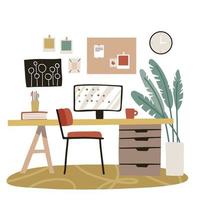 Modern home office interior design with simple furniture and elements. Armchair, palm plant, mood board, clock isolated on white background. Workspace elements vector flat illustration.