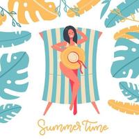 Summer Time banner design with woman sitting in the stripped sun lounger under palm tree leaves. Vector flat Illustration for Beach Holidays, Summer vacation, Leisure, Recreation, Nature.