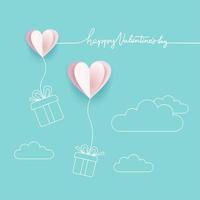 Symbol of love on turquoise blue background, greeting card, paper cut design with line art style with Happy Valentine s day lettering. Hearts with gift boxes. vector illustration with space for text