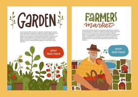 Gardening A4 banner set. Idea of local farming and harvesting. Fruit and vegetable Organic harvest. Leaflet for farmers market. Isolated flat vector illustration with lettering