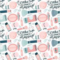 Seamless pattern with flat style colorful makeup icons. Hand drawn vector illustrations of different cosmetics items on white background wirh hand drawn lettering