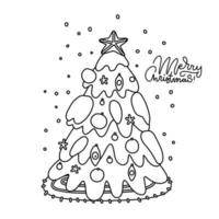 Coloring page of a decorated Christmas tree covered with snow. Vector black and white linear illustration isolated on transparent background.