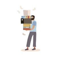 Stressed employee worker holding big pile of office folders, documents. Overworked man with stacks of papers. Stress at work. Bureaucracy, paperwork, big data concept. Vector flat trendy illustration.