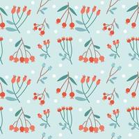 Christmas seamless pattern with berries on branches, leaves and twigs. Festive plants ornate for New Year and xmas, decoration on light blue background. Vector Flat illustration in scandinavian style.