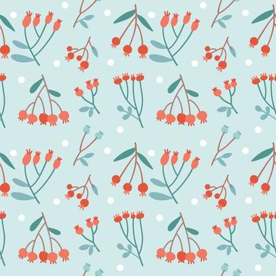 Christmas seamless pattern with berries on branches, leaves and twigs. Festive plants ornate for New Year and xmas, decoration on light blue background. Vector Flat illustration in scandinavian style.