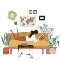 Girl lying on a sofa and reading book. Young woman at home reads magazine. Poster motivating to reading book and studying. For sites, articles, posters. Flat illustration in modern style