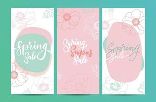 Set of Spring sale cards with blooming flowers. Design template card for the hotel, beauty salon, spa, restaurant, club. Vector line art illustration of a spring bouquet of flowers with hand lettering