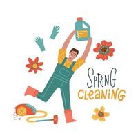 Man doing Spring cleaning. Male cleaner in uniform doing housework with domestic supplies. Flat vector illustration for banner with lettering and flowers.