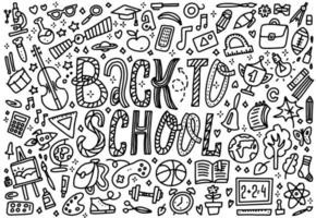 Line art sketchy vector hand drawn set of Back to School cartoon doodle objects. Horizontal composition. Concept of education. Background with school supplies with Back to School lettering