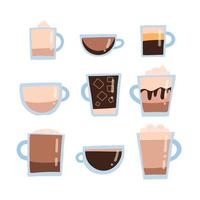 Coffee set types for menu. Flat Vector illustration. Glass cups and mugs in cut.