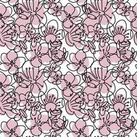 patrón impecable con siluetas lineales de flores de cerezo rosa sobre un fondo blanco. flor de primavera. diseño abstracto moderno para papel, cubierta, tela, decoración interior vector